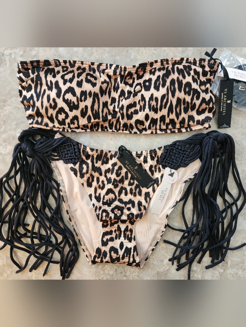L/L VS Archives Swim Bandeau Bikini Top Macrame Fringe Cheeky Bikini Set Leopard